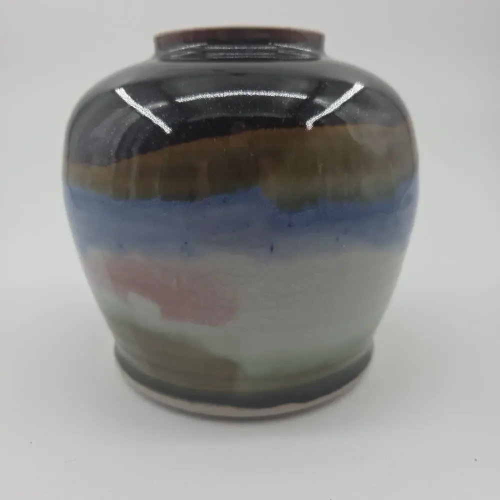 Signed Studio Pottery Vase Drip Glaze Blue Brown Mauve Modern Art Pottery 5.5